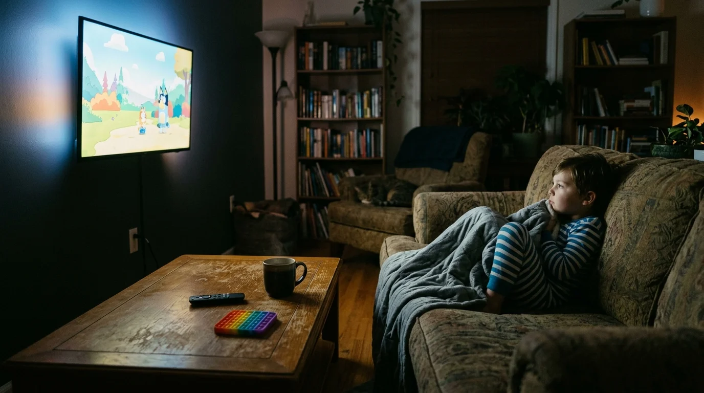 A young child wrapped in a blanket sits on a living room sofa watching an animated cartoon on a wall-mounted television.