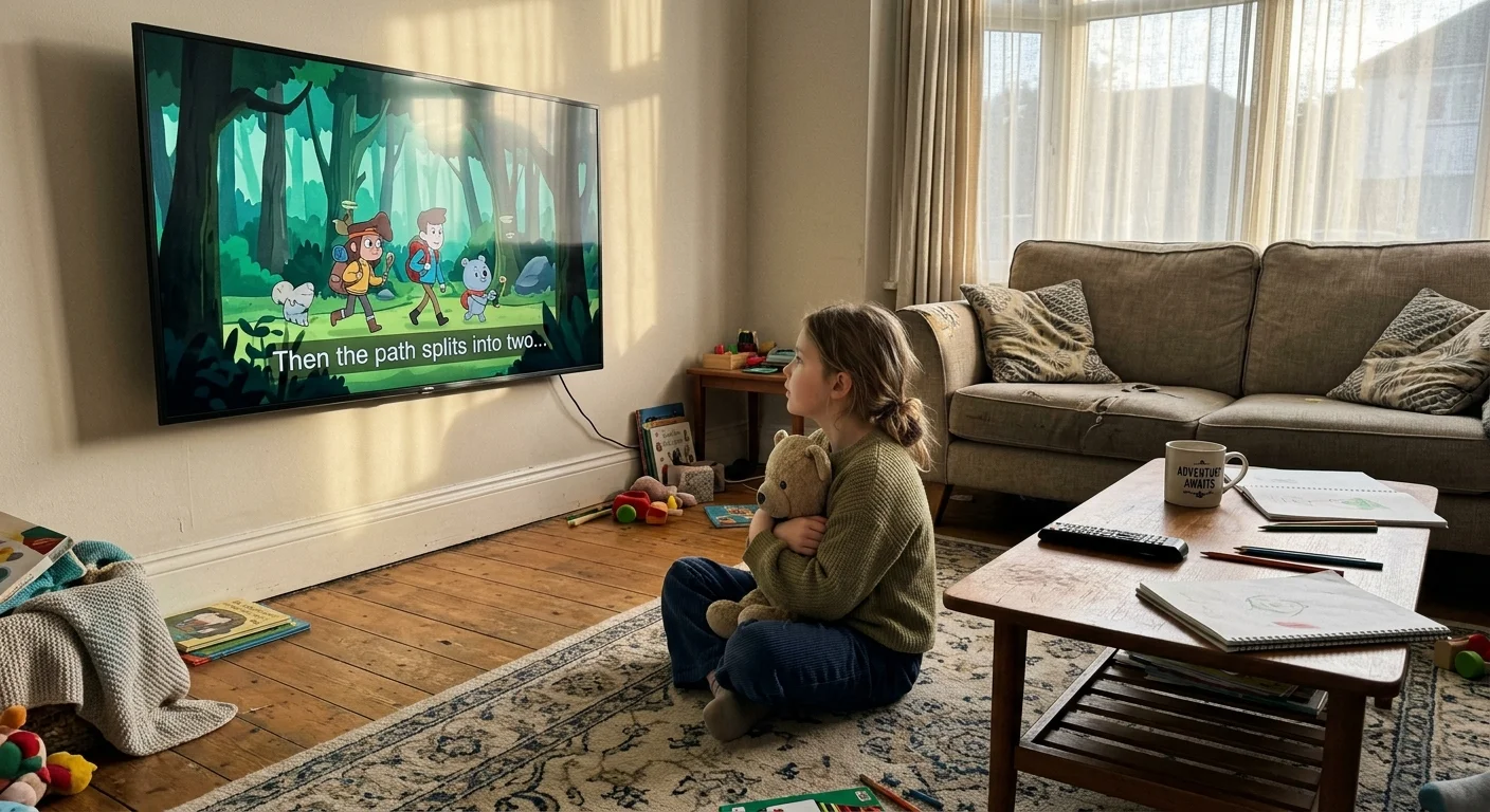 A young girl sits on a living room rug holding a teddy bear while watching an animated show with subtitles on a TV.