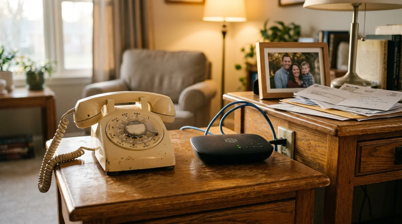 A vintage rotary phone sits next to a modern black VoIP device on a wooden side table in a living room.