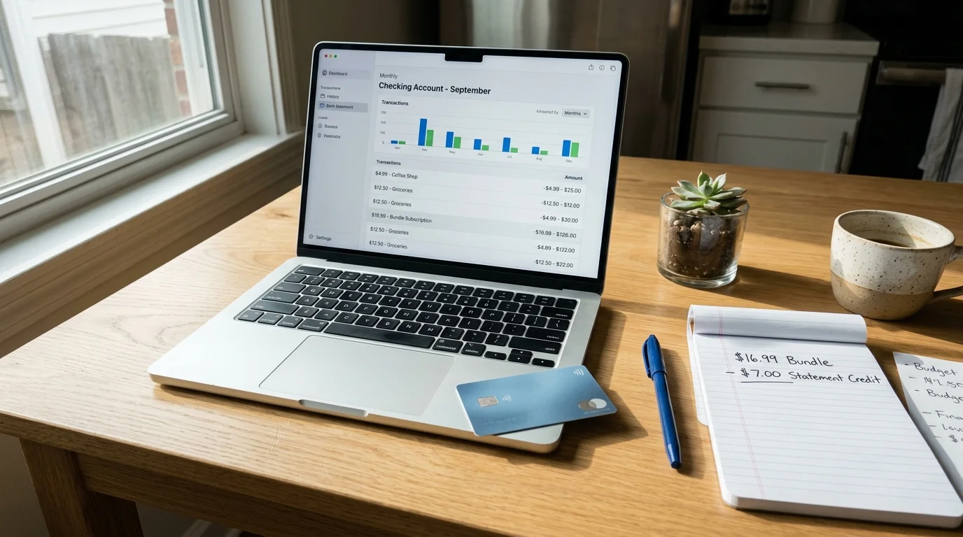 Laptop showing banking transactions next to a credit card, pen, coffee cup, and notepad listing streaming credits.