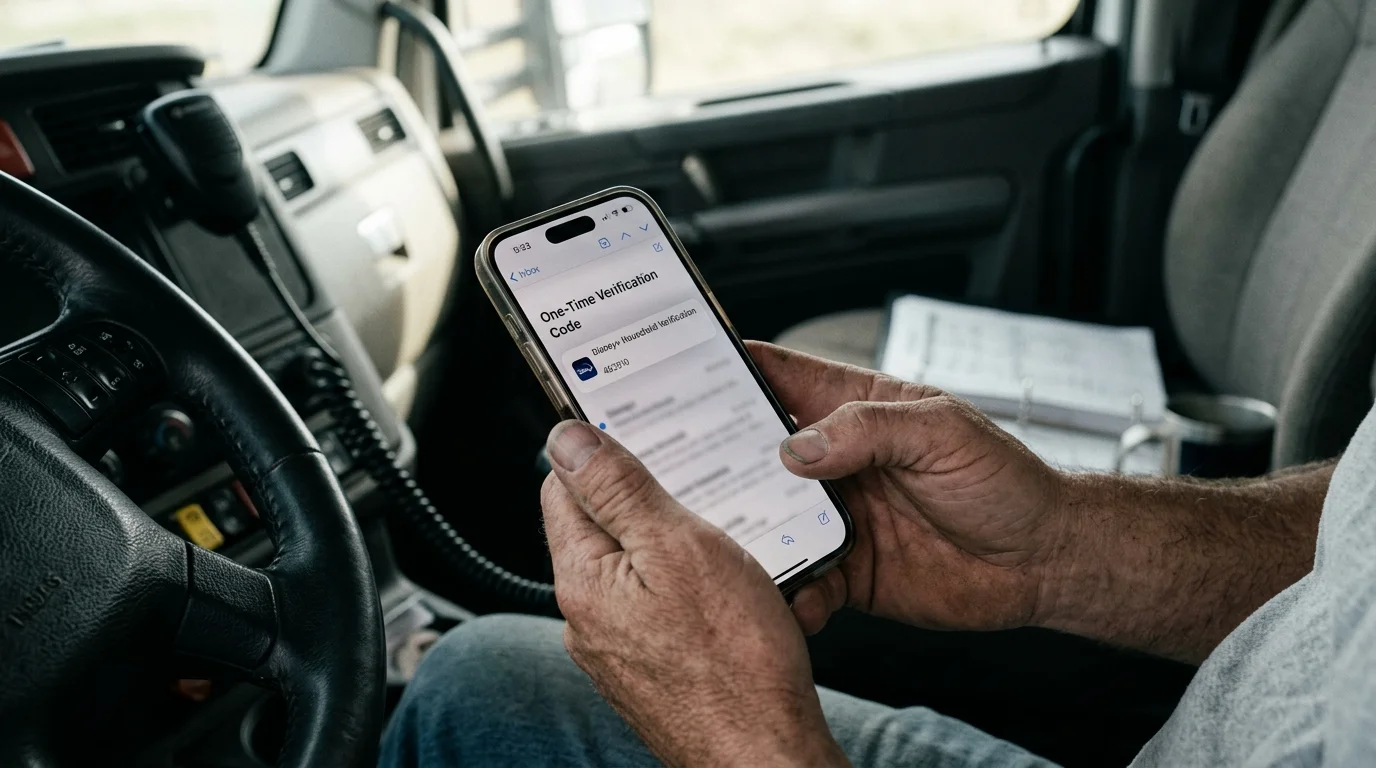 A driver sitting in a truck cab holding a smartphone displaying an email with a one-time verification code.