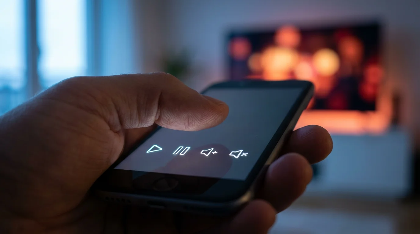 Close-up of a hand holding a smartphone with a remote control app interface.