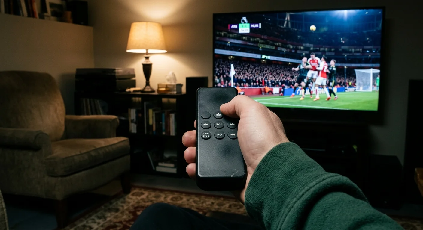 First-person view of a hand pointing a black remote control at a flat-screen TV showing a soccer match.