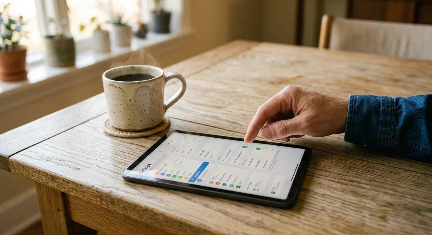 A hand adjusts toggle switches in a tablet settings menu on a wooden table beside a steaming coffee mug.