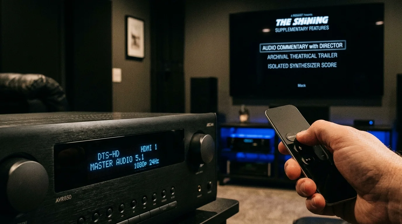 A hand holding a remote in front of an audio receiver and a television showing supplemental features for The Shining.