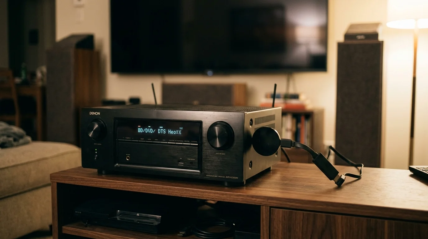 A black Denon AV receiver on a wooden console with a streaming dongle plugged in, in front of a television.