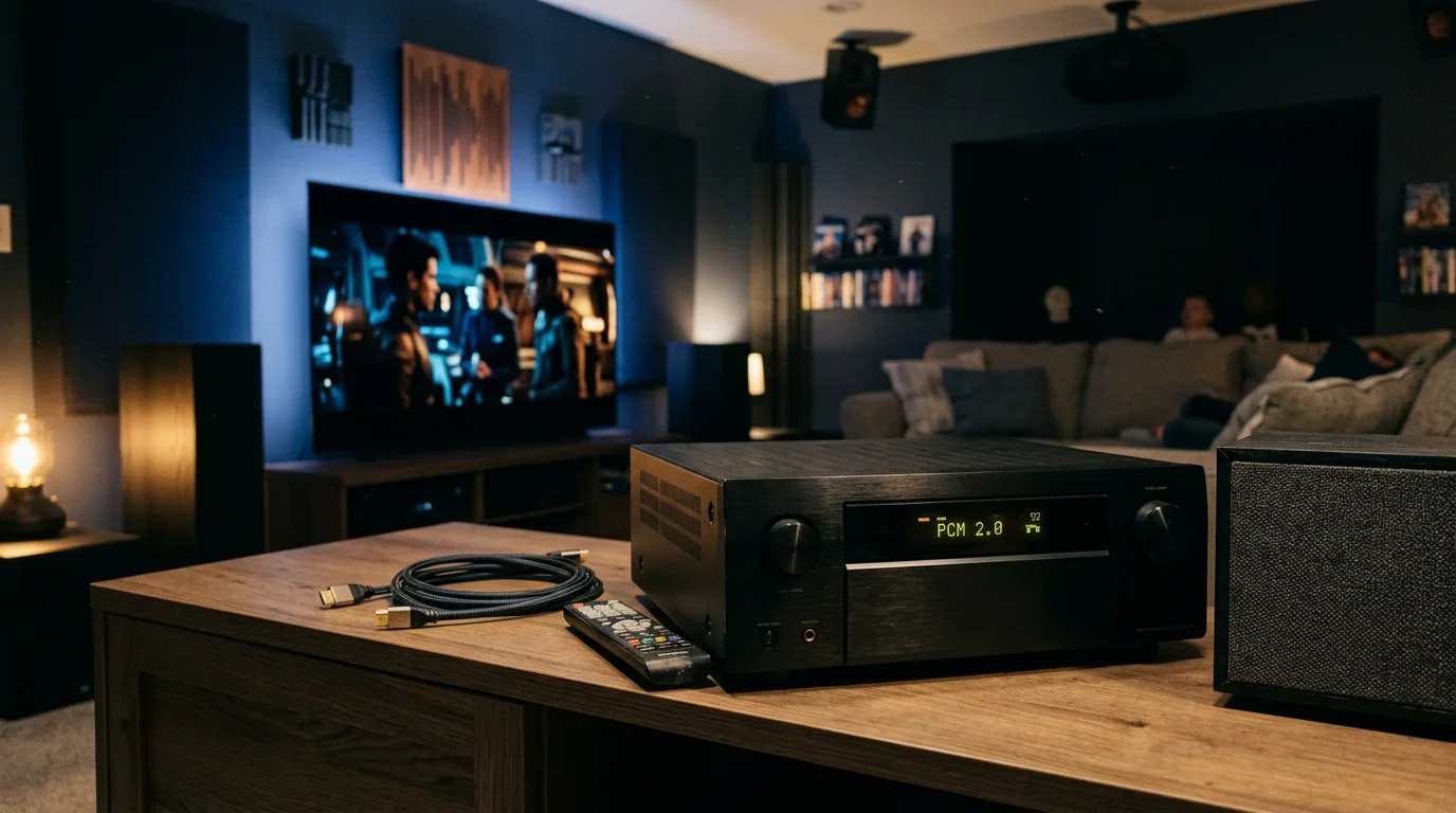 AV receiver displaying PCM 2.0 on a wooden console beside a coiled HDMI cable and remote in a home theater.