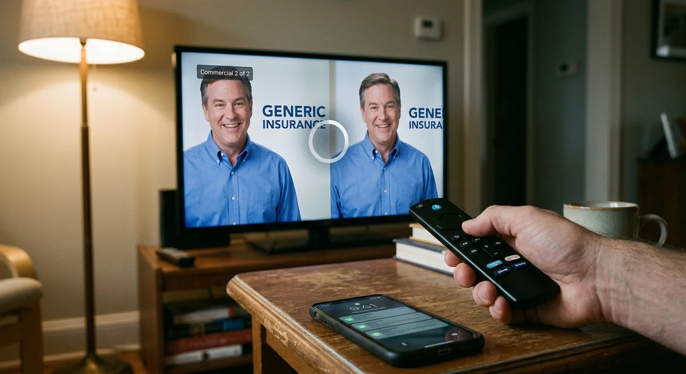 A television displays identical side-by-side insurance commercials with a loading icon while a person holds a remote.