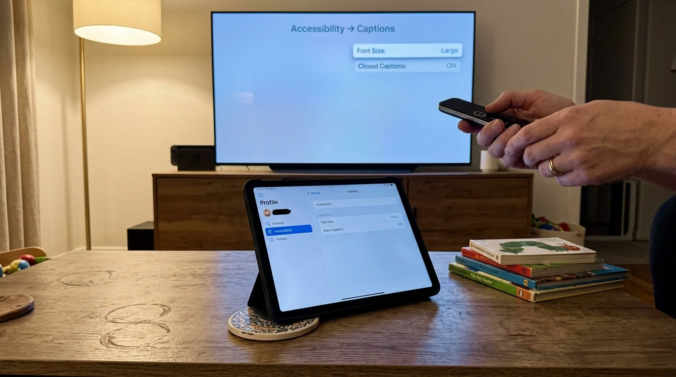 A person holding a remote points at a TV screen showing caption settings behind a tablet displaying accessibility options.