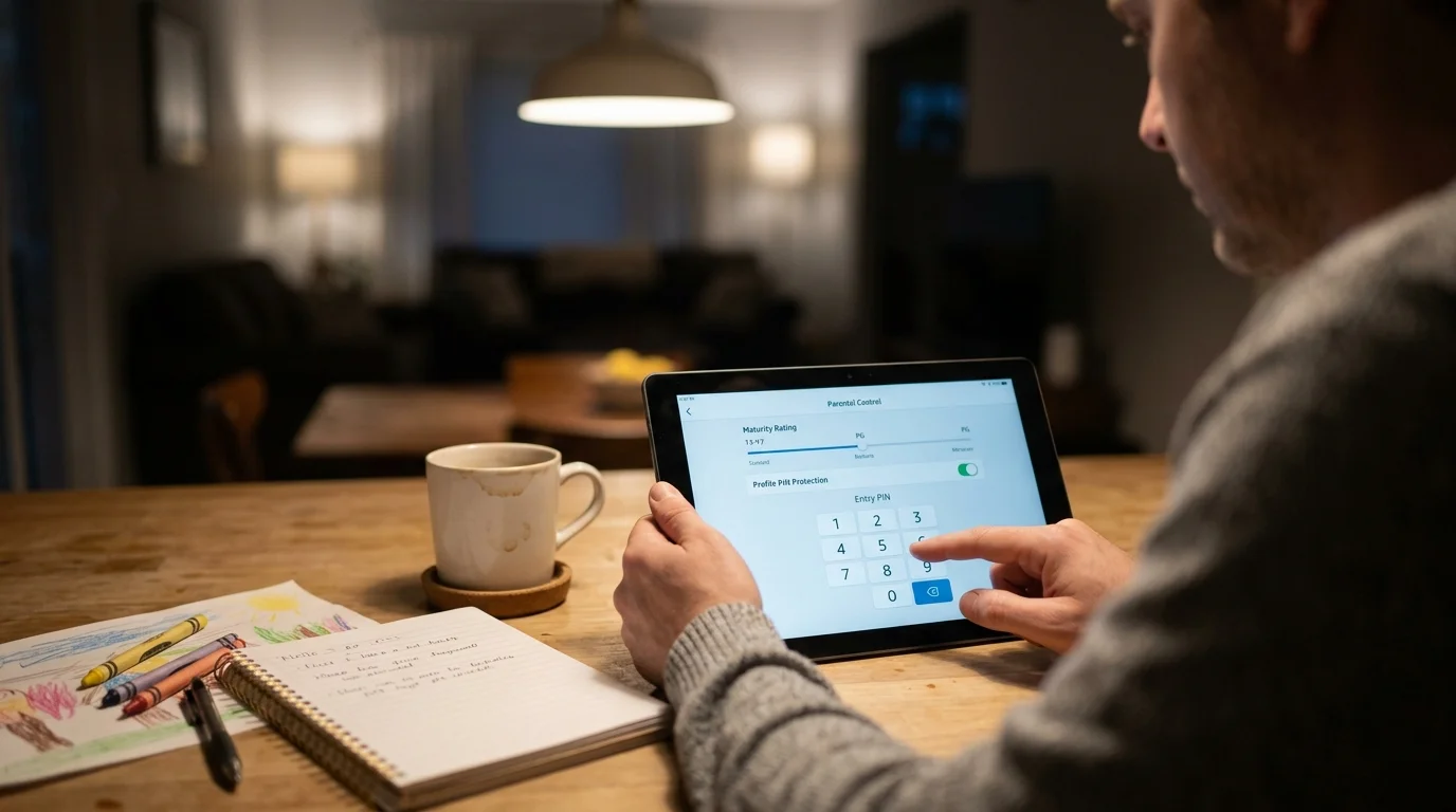 A man enters a numeric PIN on a tablet displaying parental control and maturity rating settings at a wooden table.