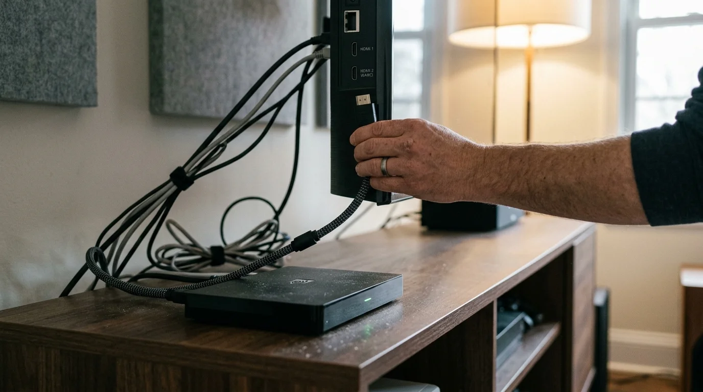 A person plugs a braided HDMI cable from a small external streaming box into the back ports of a television.