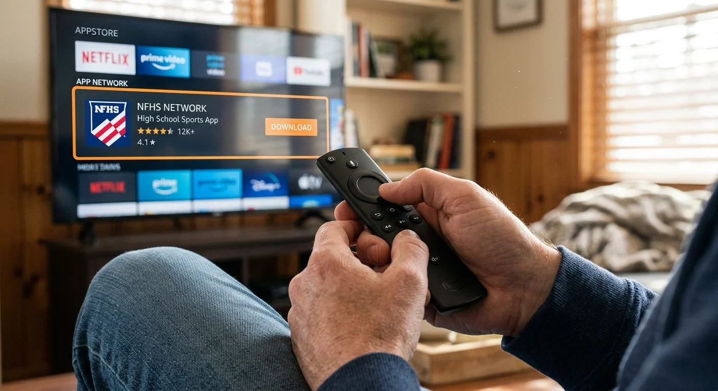 Person holding a Fire TV remote pointed at a television screen showing the NFHS Network app download page.