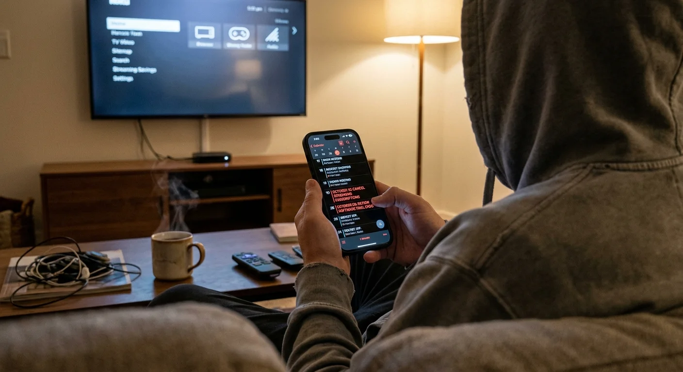 A person in a hoodie holds a smartphone showing a calendar app while sitting on a couch facing a television.