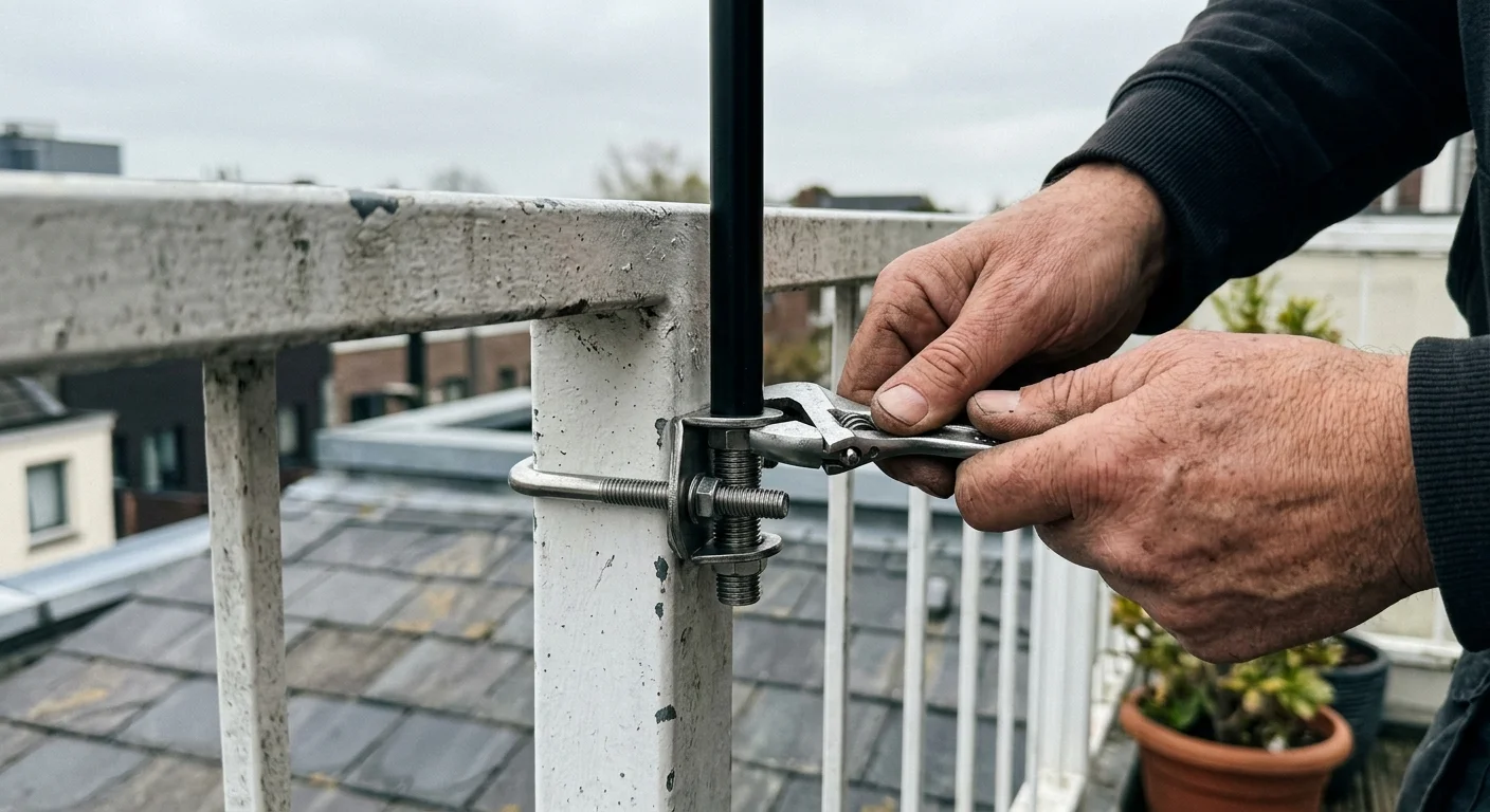 A person using an adjustable wrench to tighten a metal bracket and U-bolt securing a black mast to a white balcony railing.