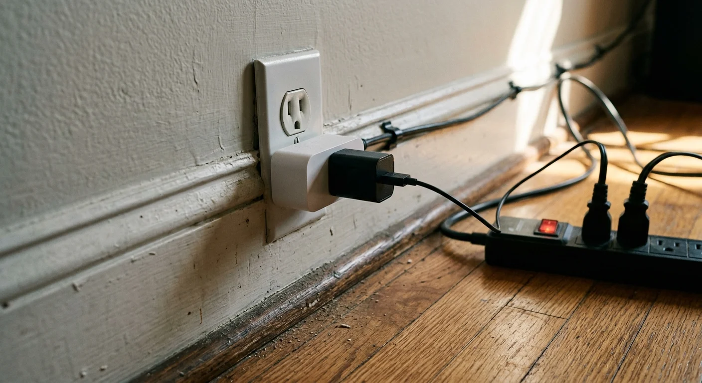 A smart plug in a wall outlet connected to a power strip with a glowing red switch on a hardwood floor.