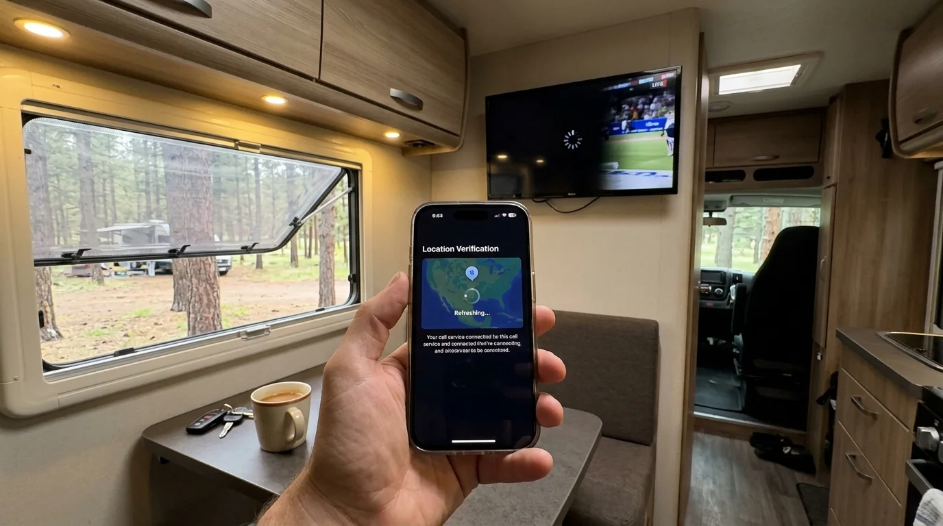 Hand holding a smartphone displaying a location verification screen inside an RV with a mounted television in the background.