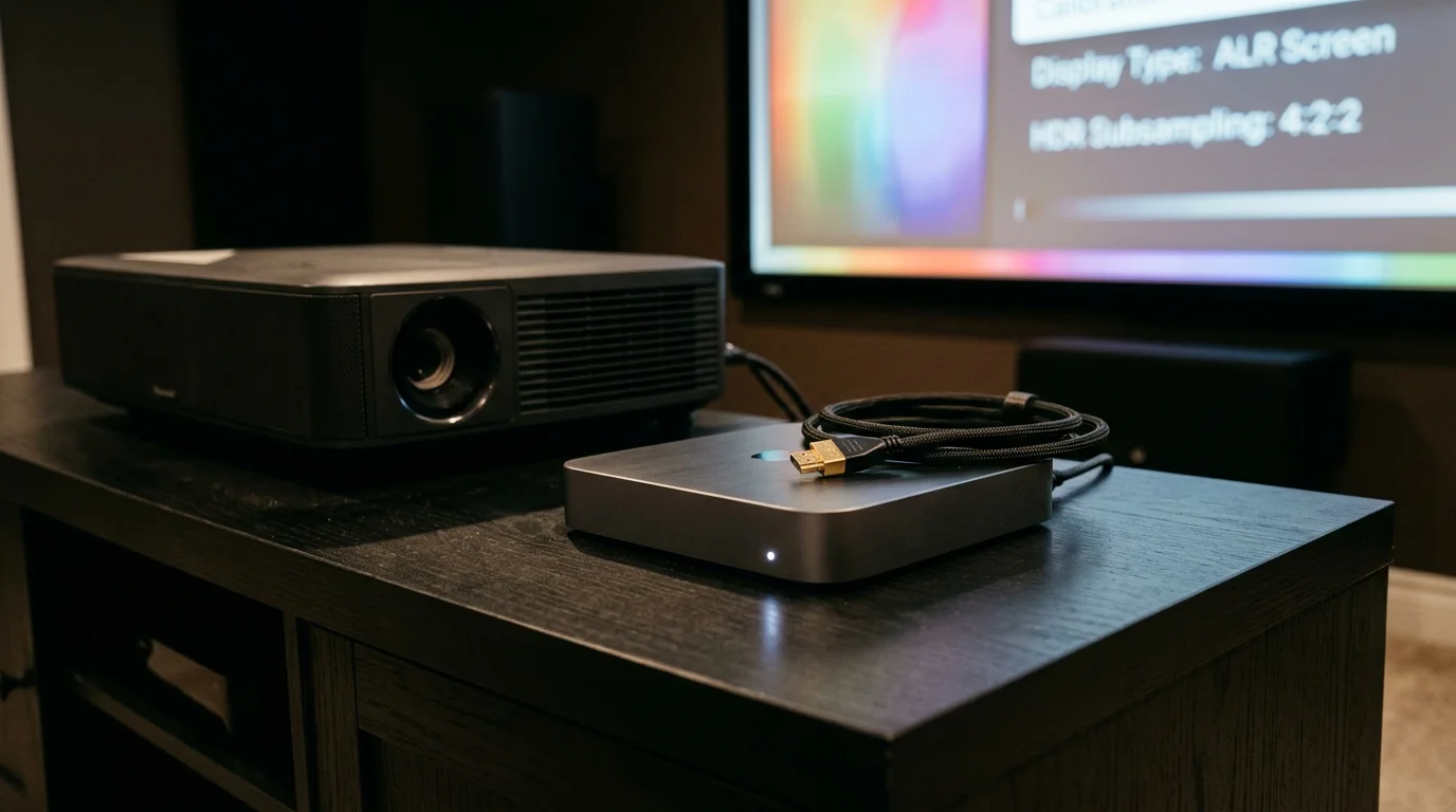Projector and streaming console on a media cabinet in front of a projection screen displaying display settings.