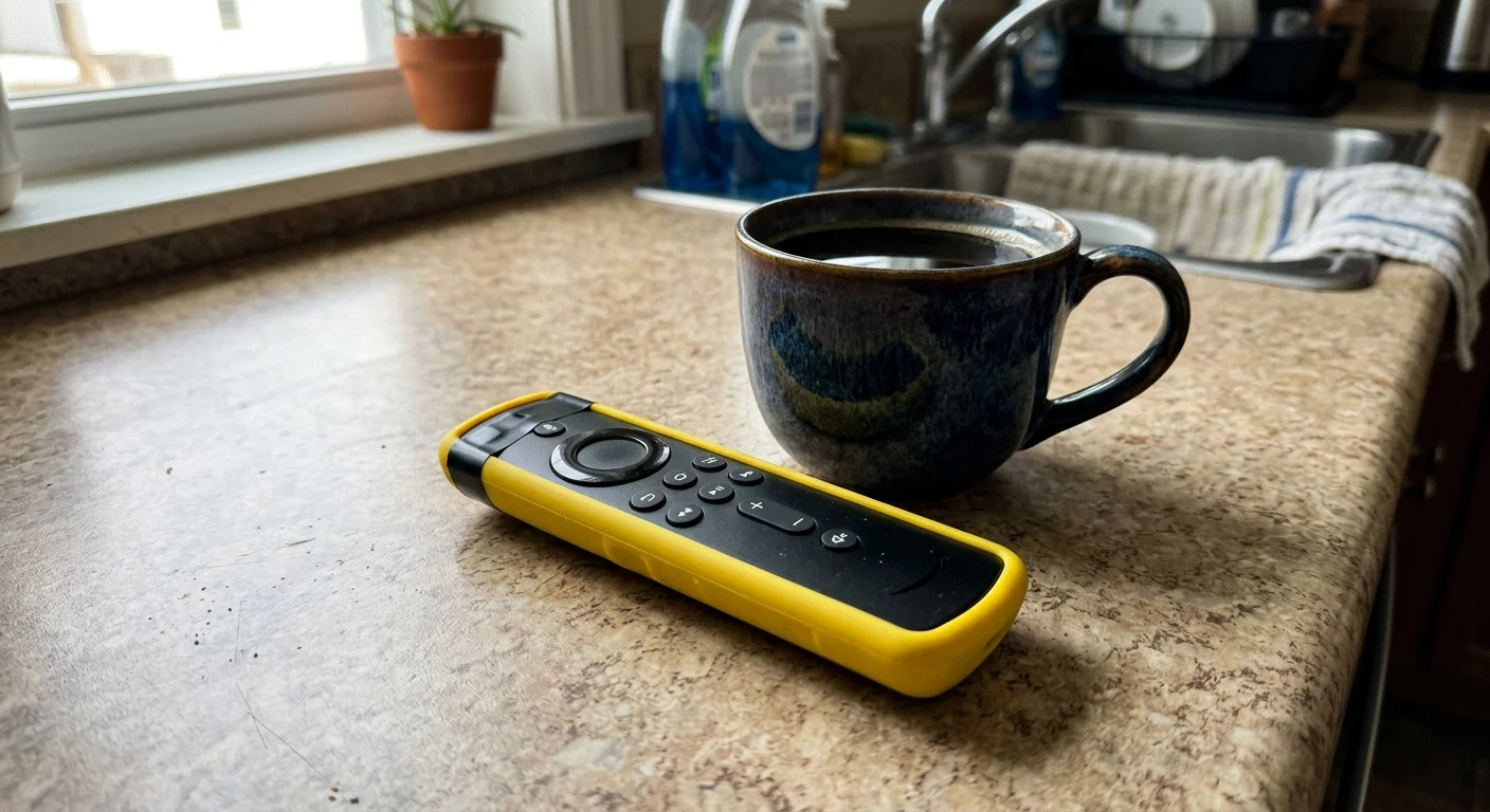 Black remote control in a yellow silicone case resting beside a blue coffee mug on a kitchen counter.