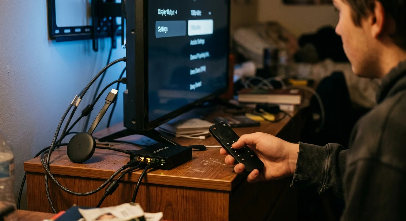 A person holding a remote points it at a TV displaying output settings next to a network switch on a wooden desk.