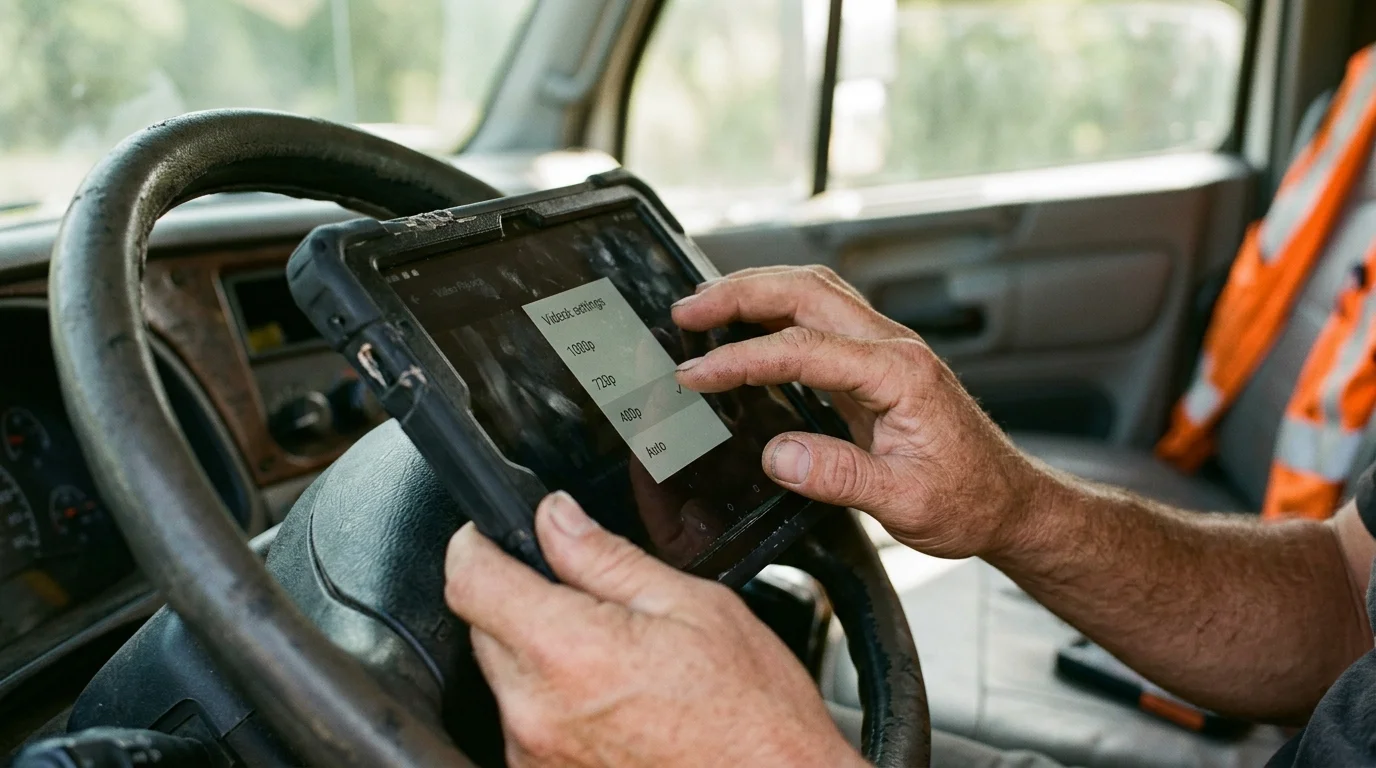 Close-up of a person inside a vehicle cabin selecting 480p on a rugged tablet screen resting against a steering wheel.
