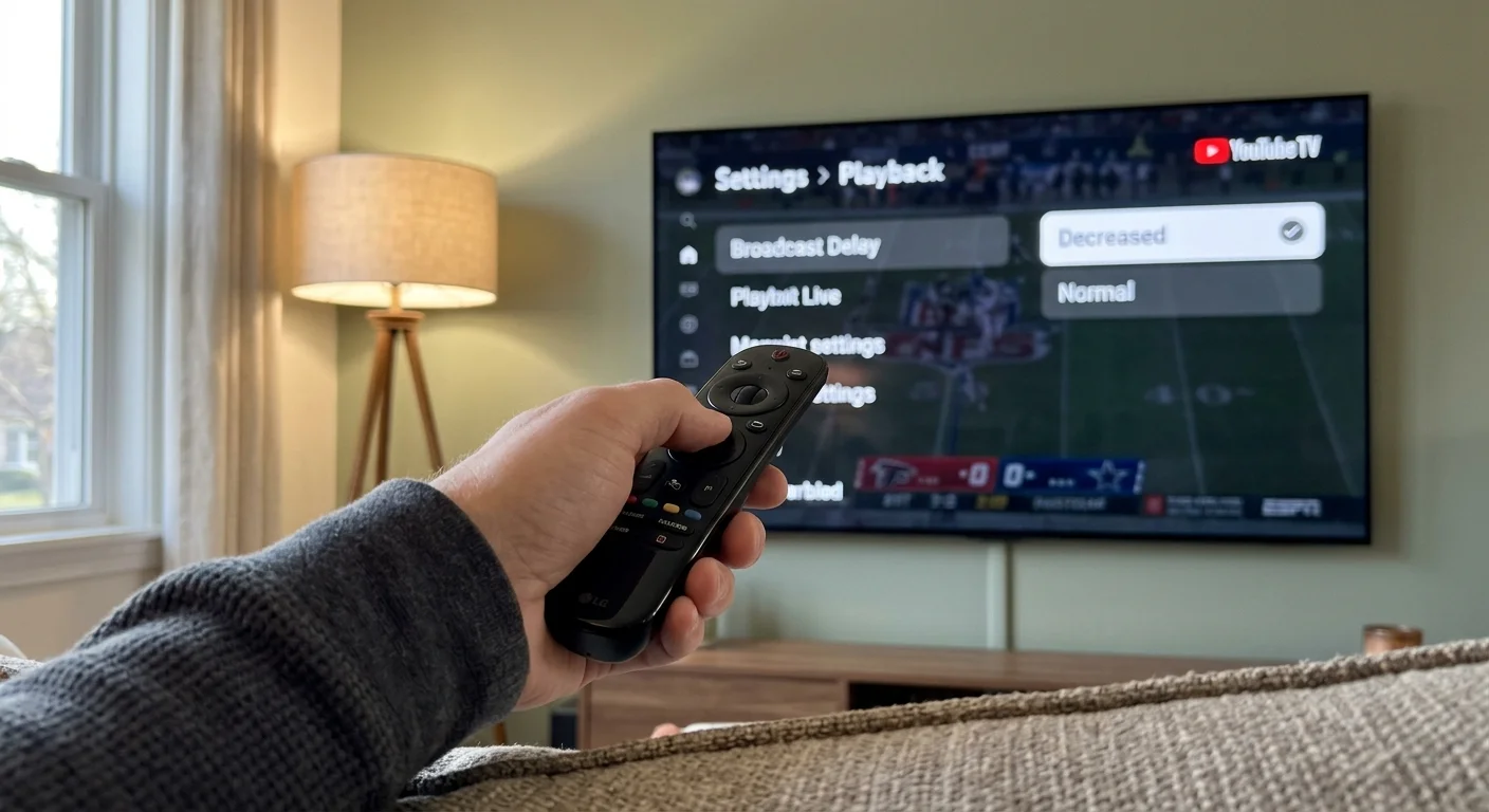 Hand pointing a TV remote at a wall-mounted screen displaying YouTube TV playback settings with Decreased delay selected.