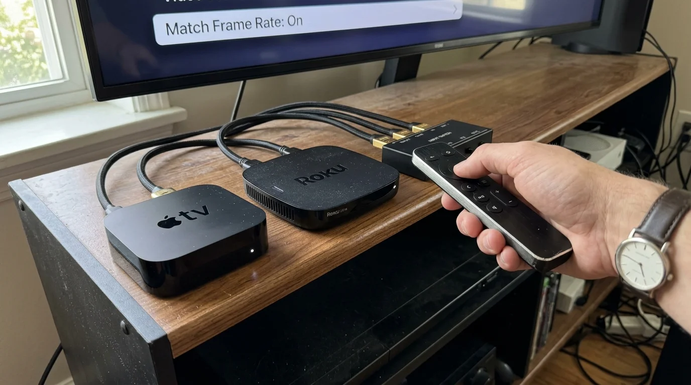 Hand pointing a remote at an Apple TV and Roku box wired to a television displaying Match Frame Rate settings.