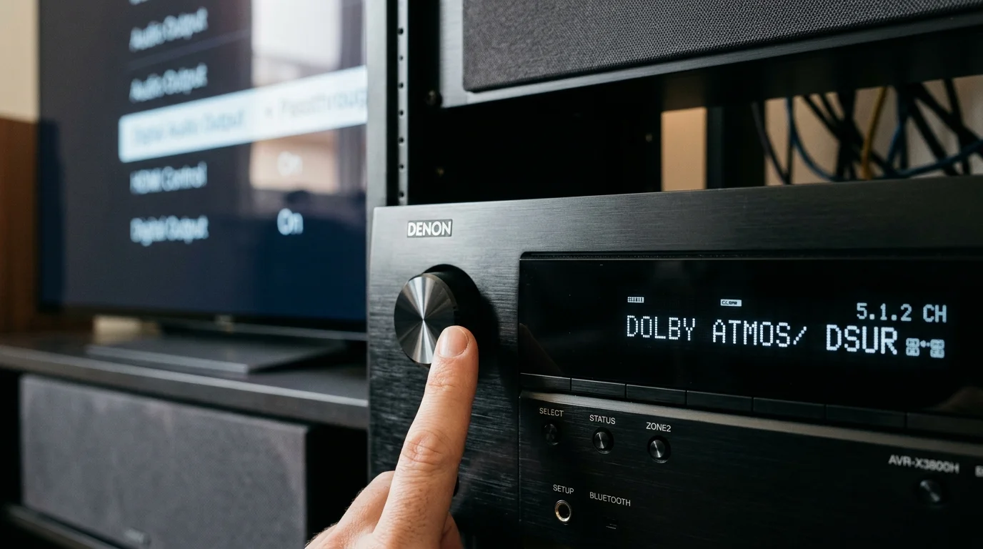 Close-up of a hand adjusting a Denon AV receiver displaying Dolby Atmos next to a TV showing an audio settings menu.