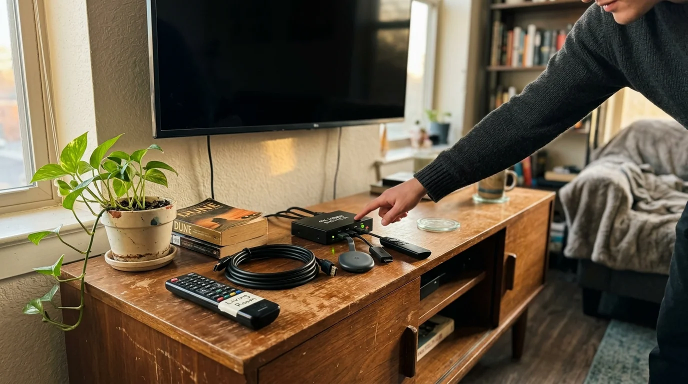 A person pressing a button on an HDMI switch connected to streaming dongles on a TV console.