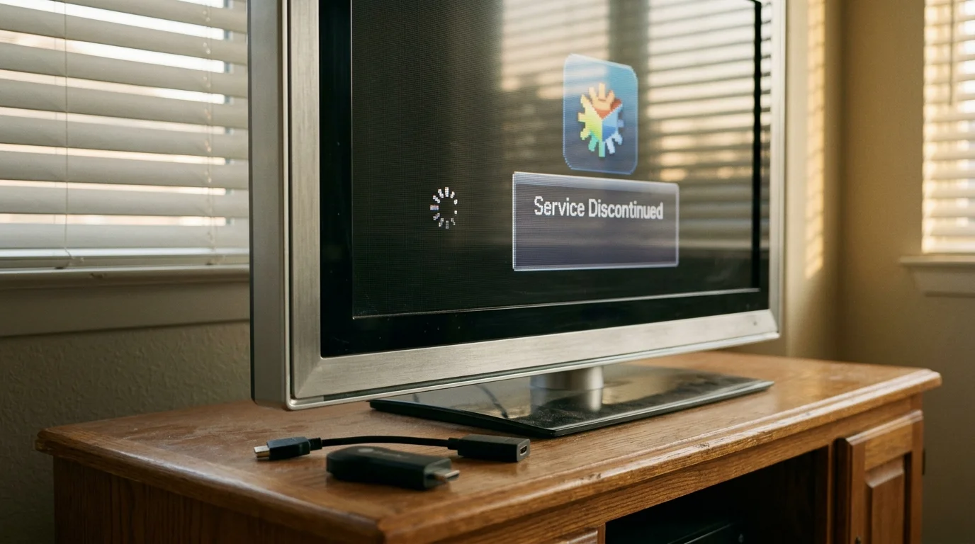 A flat-screen television displaying a Service Discontinued message next to an unplugged streaming stick on a wooden stand.