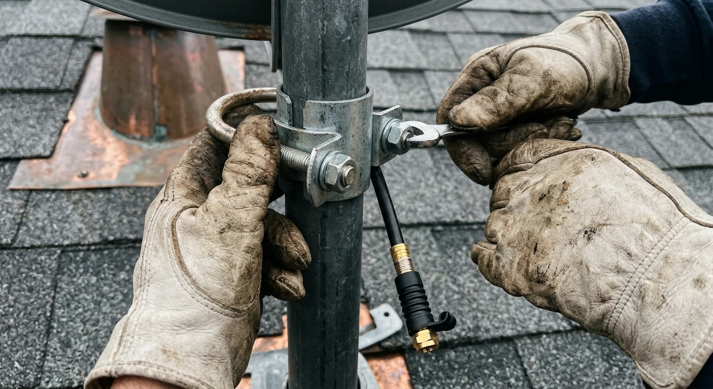Gloved hands use a wrench to tighten a metal U-bolt bracket onto a rooftop satellite mast beside a coaxial cable.
