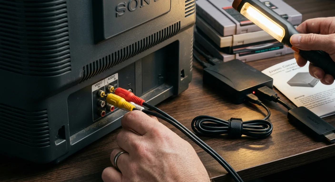 Hand plugging yellow, red, and white RCA cables into the back of a CRT television beside an HDMI converter box.