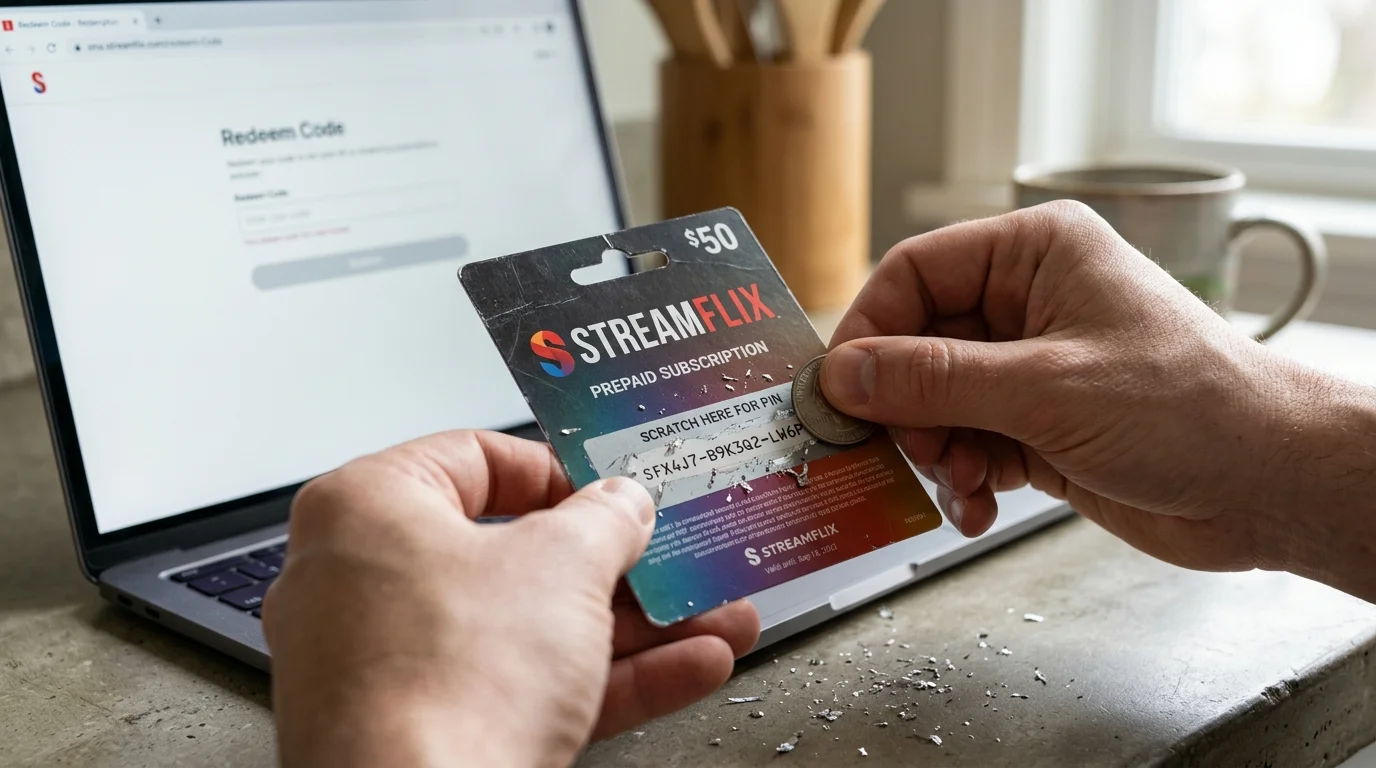 Hands scratching off a $50 Streamflix prepaid gift card with a coin in front of a laptop showing a code redemption page.