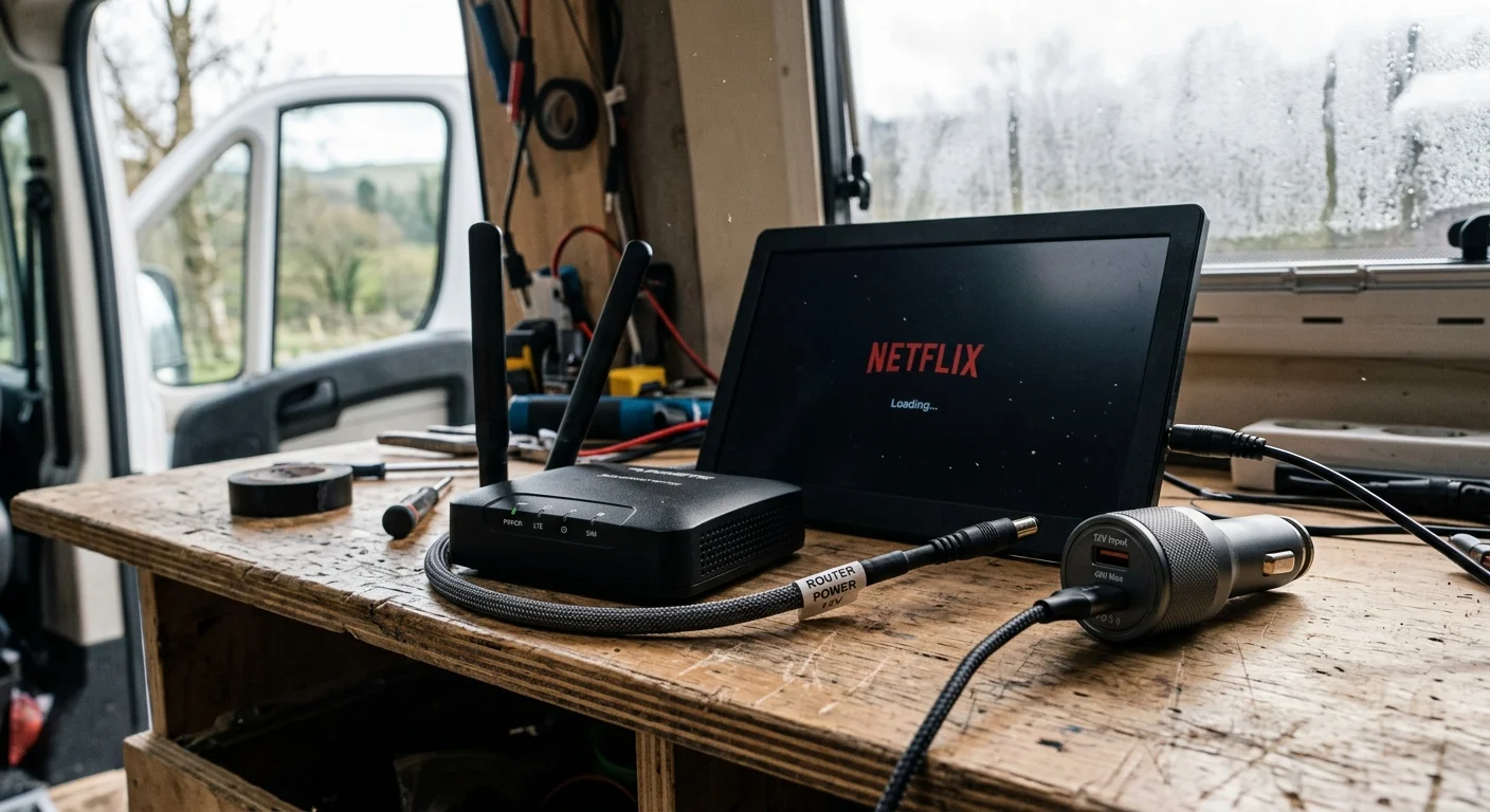 A small screen displaying Netflix next to a Wi-Fi router, power cables, and a 12V adapter on a van workbench.