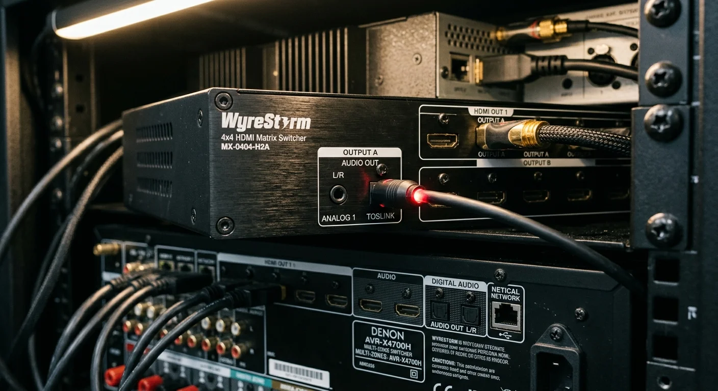 WyreStorm HDMI matrix switcher connected with an illuminated optical TOSLink cable above an AV receiver in an AV rack.