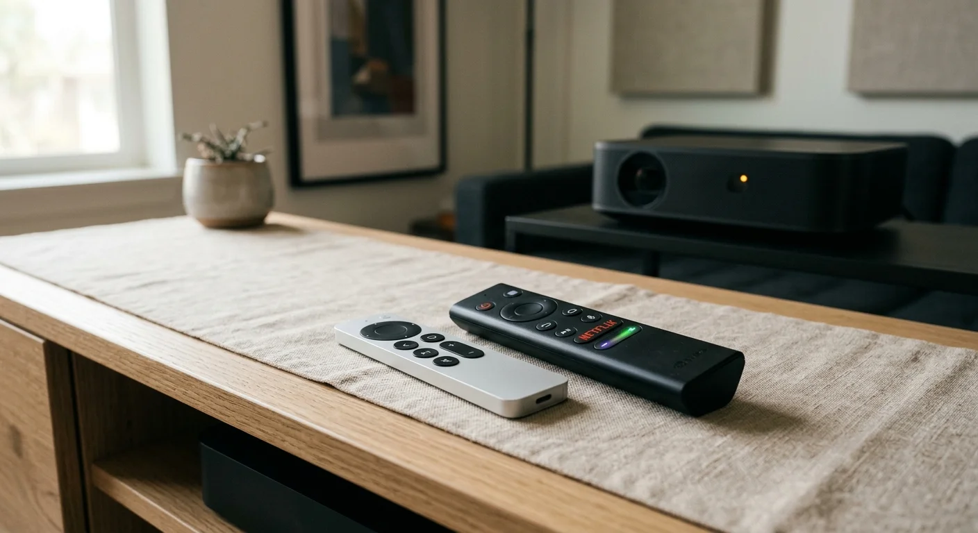 Apple TV and Nvidia Shield remotes resting side by side on a wooden console table in front of a home projector.