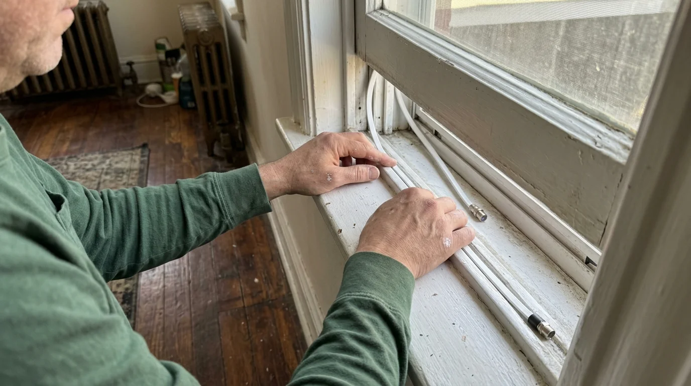 A man positioning white coaxial cables along an open wooden window sill inside an apartment.