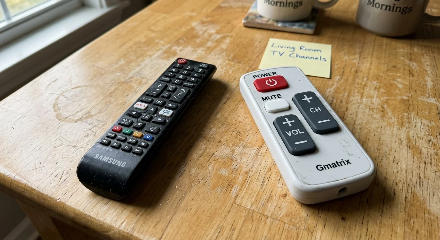 A black Samsung remote beside a white Gmatrix remote with six large buttons on a wooden tabletop.