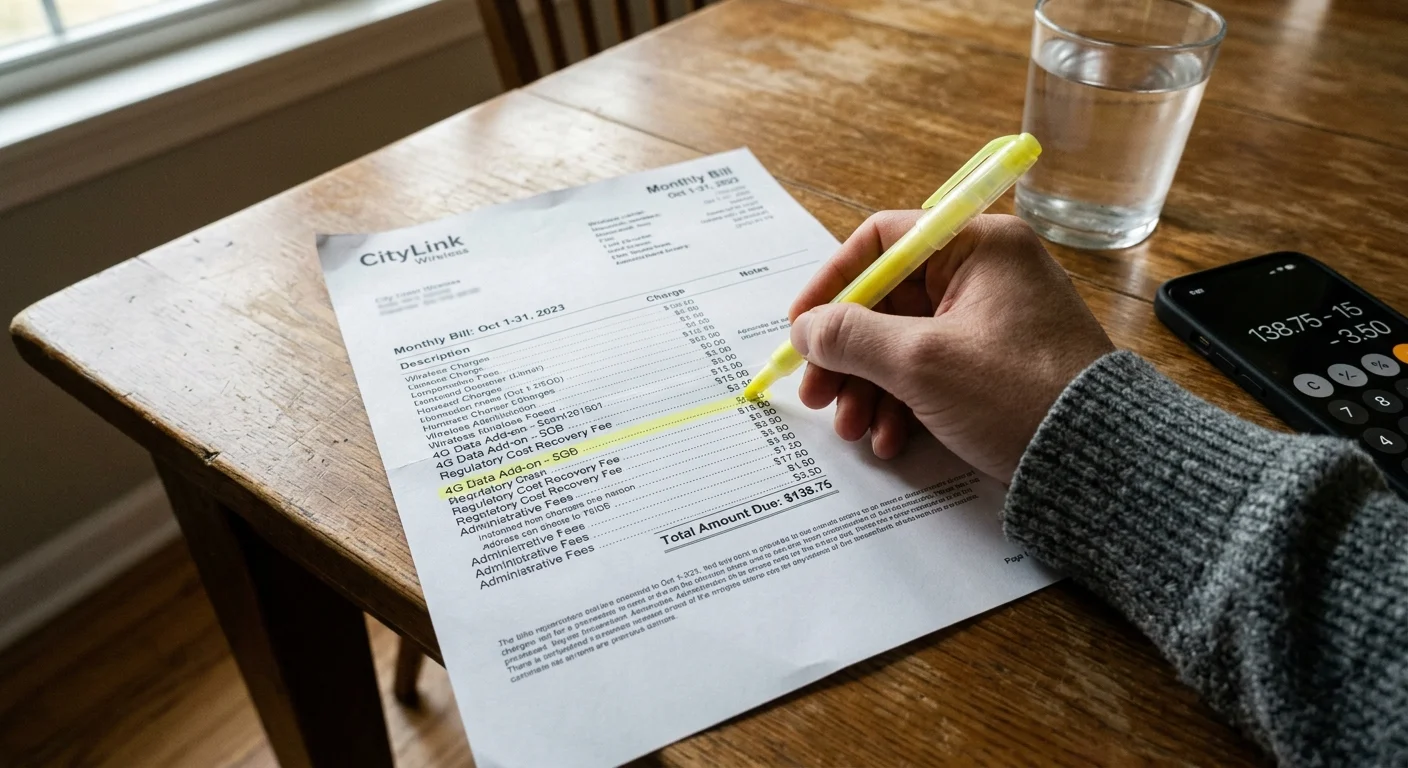 Hand highlighting a fee on a printed mobile bill next to a smartphone calculator and a glass of water on a wooden table.