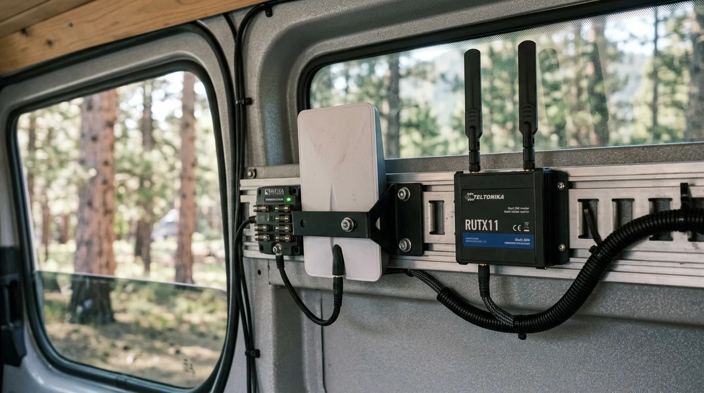 Cellular router, white device, and fuse block mounted to a metal track beneath a camper van window facing a forest.
