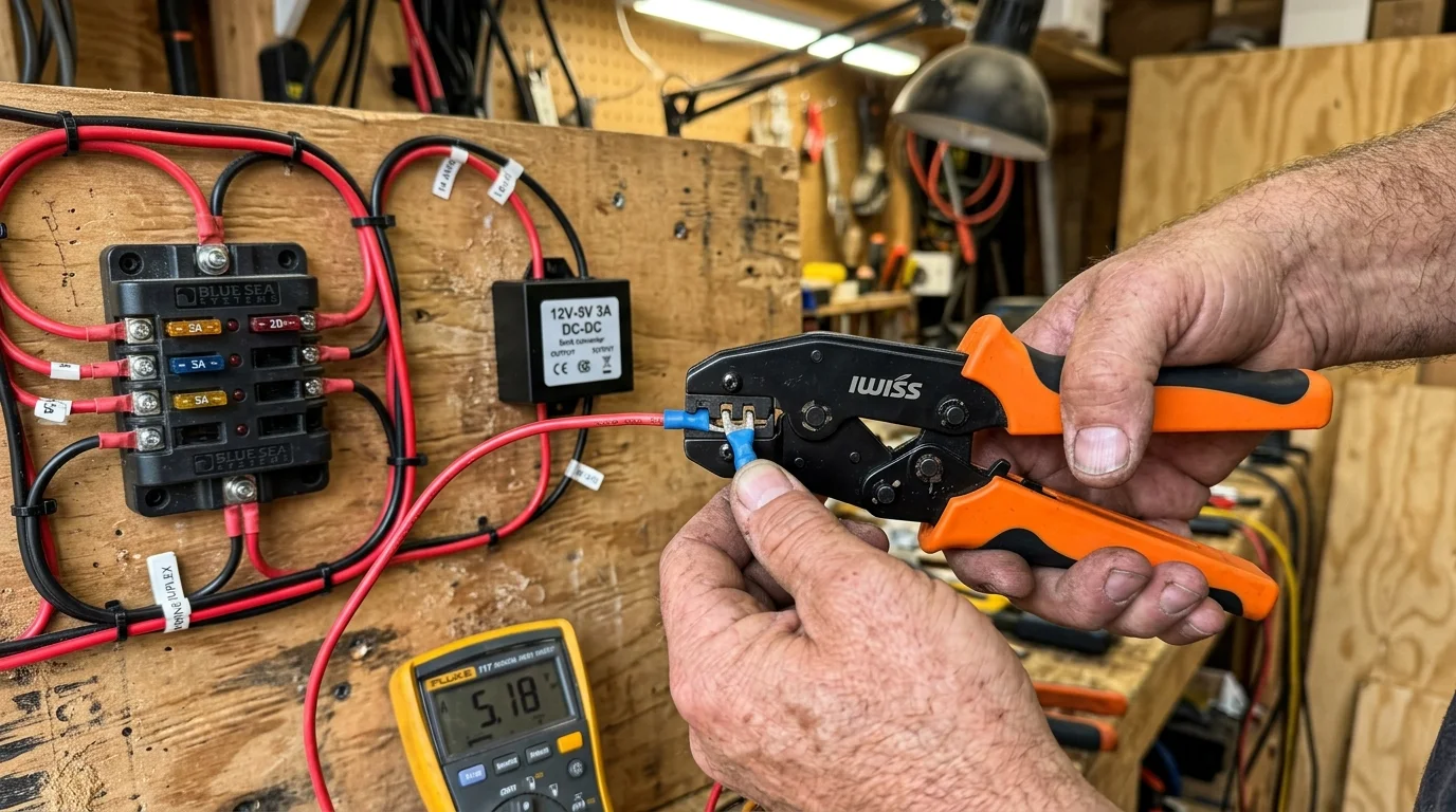 A person using orange wire crimpers on a red wire near a fuse block, multimeter, and 12V-to-5V DC converter.