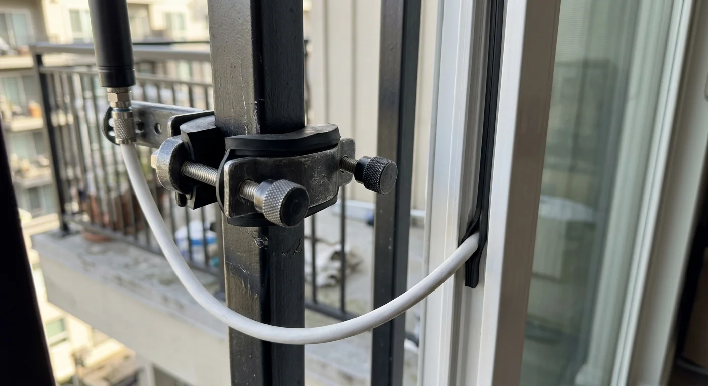 Metal clamp attached to a black balcony railing post with a white coaxial cable running into a sliding door track.