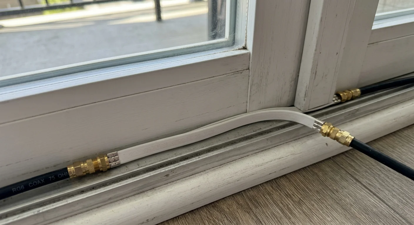 White flat coaxial cable running through a sliding window frame track, connected to black coax cables via brass connectors.