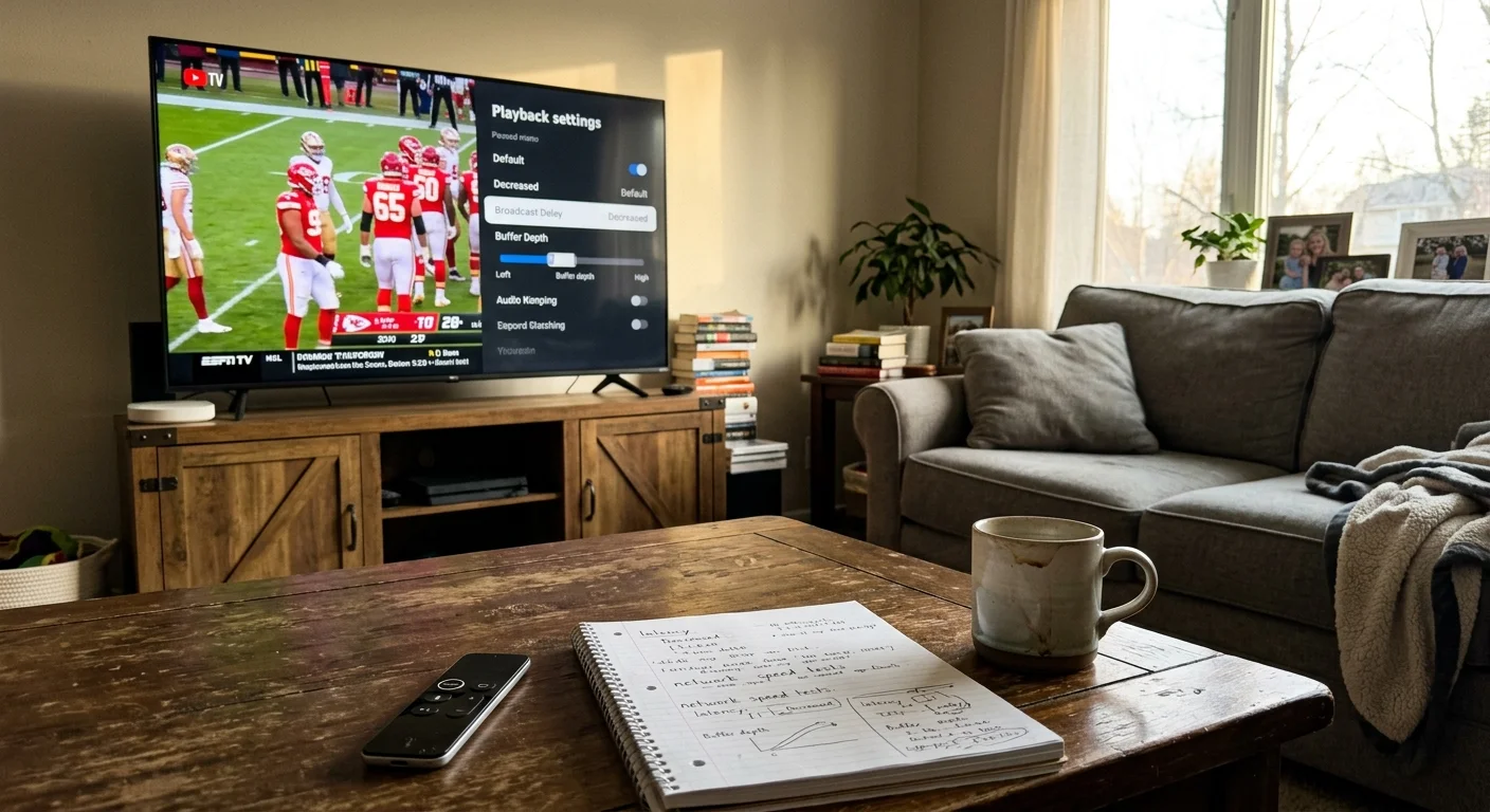 Living room TV showing a football game with playback settings menu open beside a coffee table with notebook and remote.