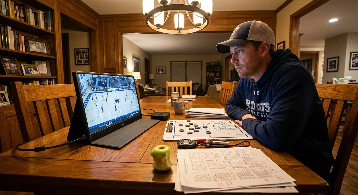 A man wearing a baseball cap sits at a wooden table reviewing basketball game footage on a portable monitor with notes.