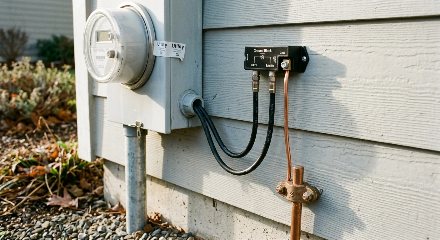 Coaxial ground block mounted on house siding beside an electric meter, connected to a copper grounding rod via copper wire.