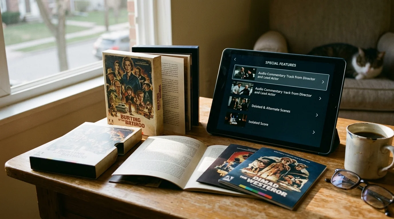 A tablet showing a special features menu next to boutique Blu-ray box sets, booklets, glasses, and a mug on a wooden table.