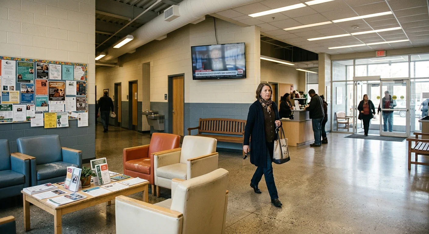 A woman walks through a brightly lit community center lobby with seating, a bulletin board, and a wall-mounted TV.