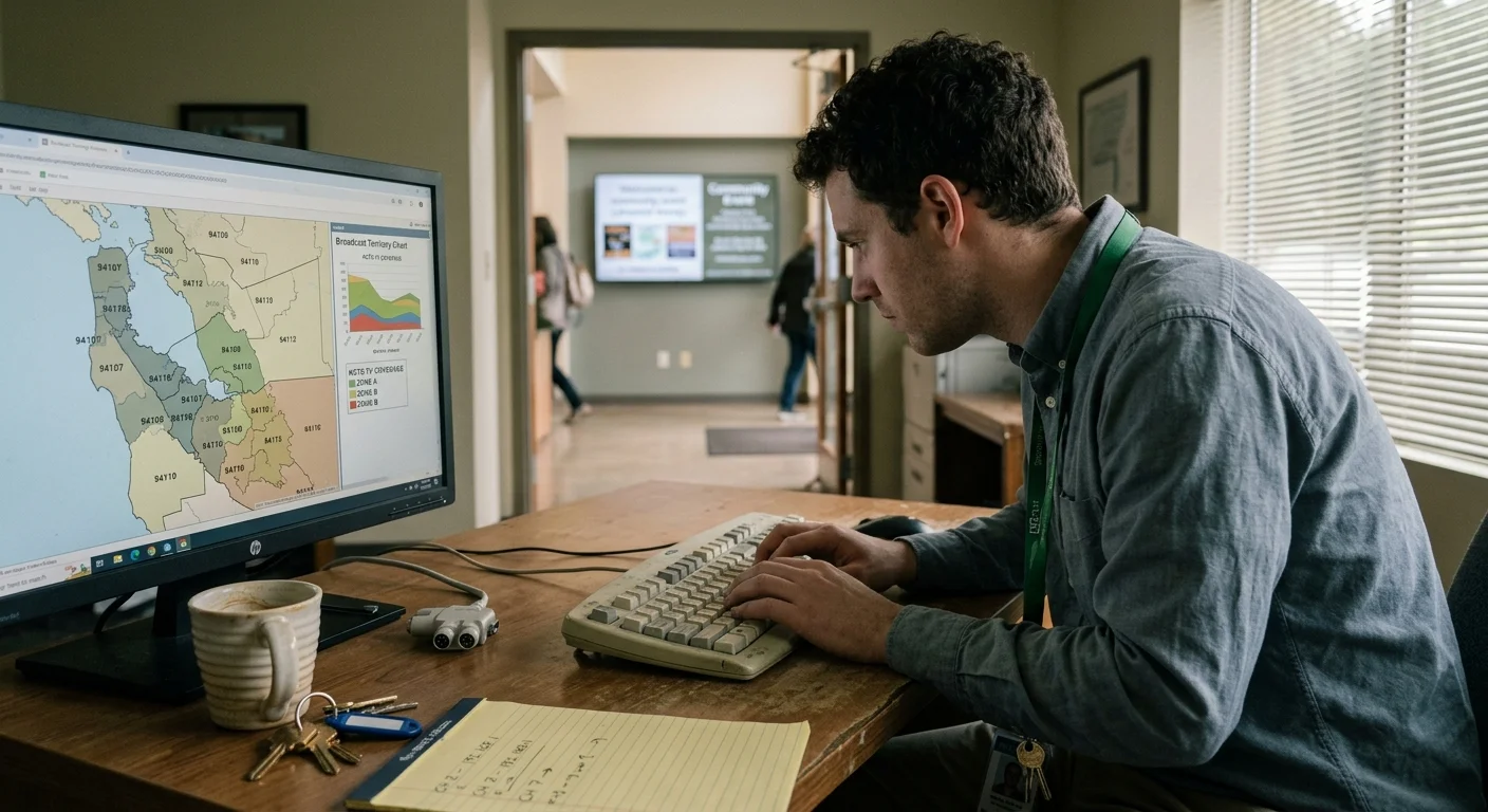A man sitting at an office desk types on a keyboard while looking at a regional map displayed on a computer monitor.