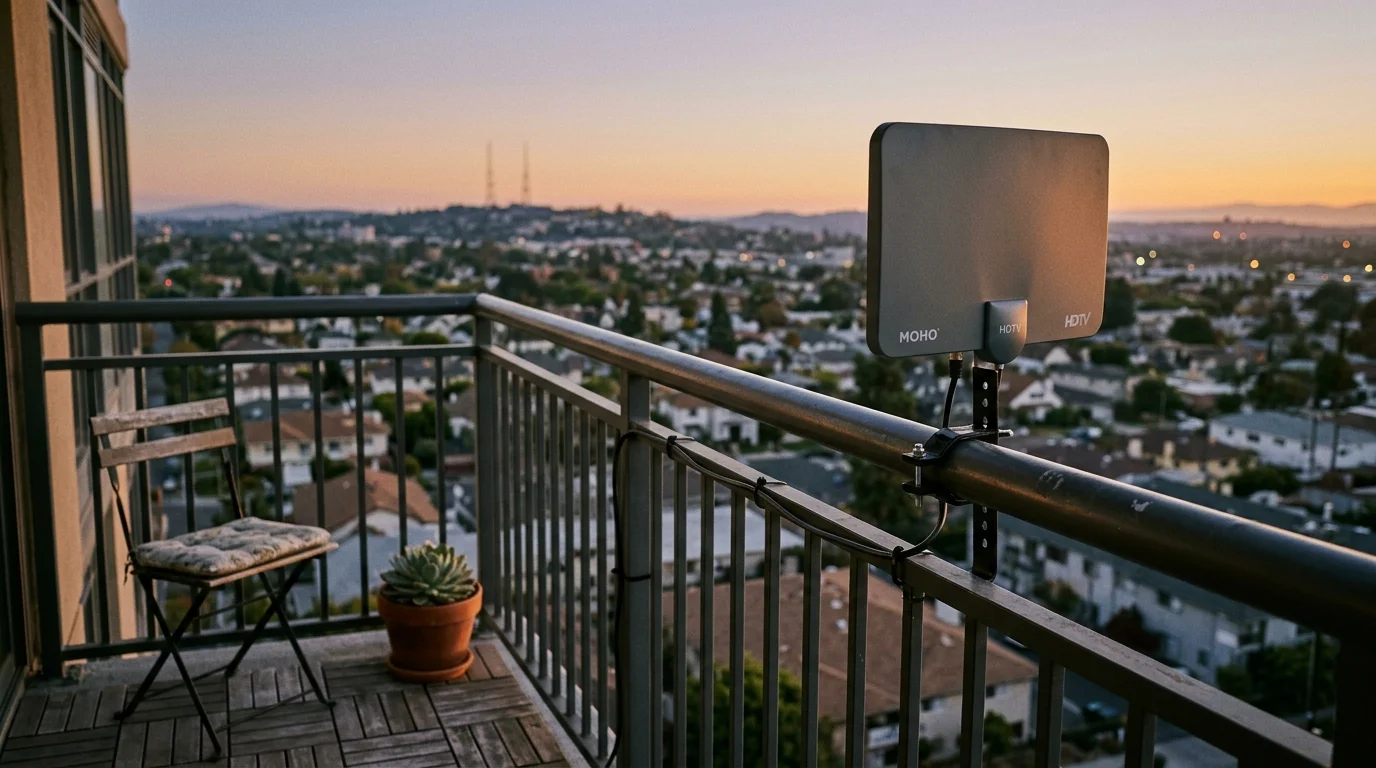 Compact HDTV antenna clamped to an apartment balcony railing overlooking a neighborhood at sunset.