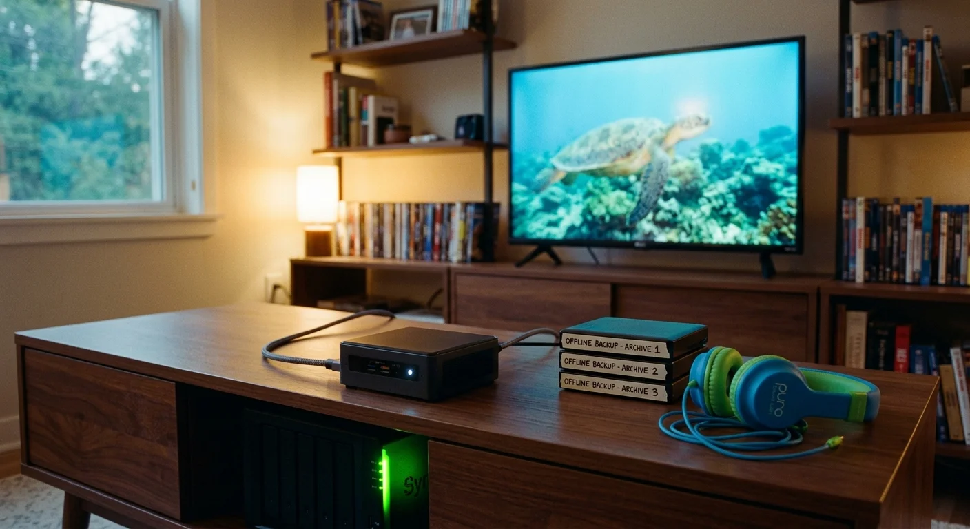 A media mini PC, stacked hard drives labeled offline backup, and headphones on a coffee table before a TV playing a sea turtle video.